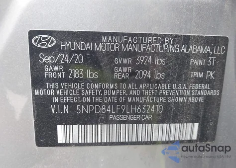 2020 Hyundai Elantra Sel z USA, uszkodzony, nr VIN 5NPD84LF9LH632410